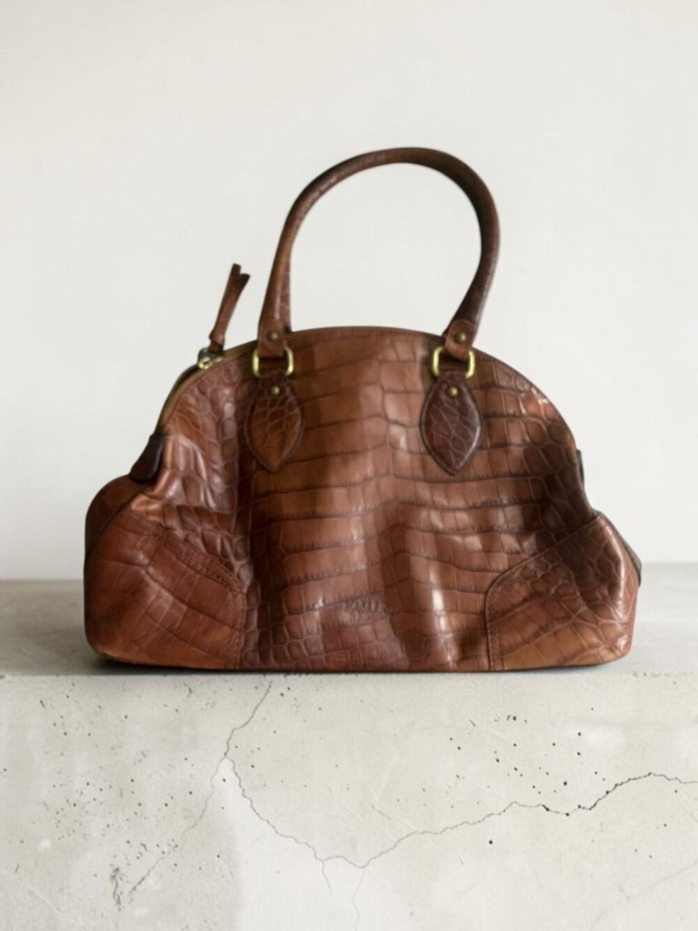 BASLER Brown Croc Embossed Leather Bowler Handbag
